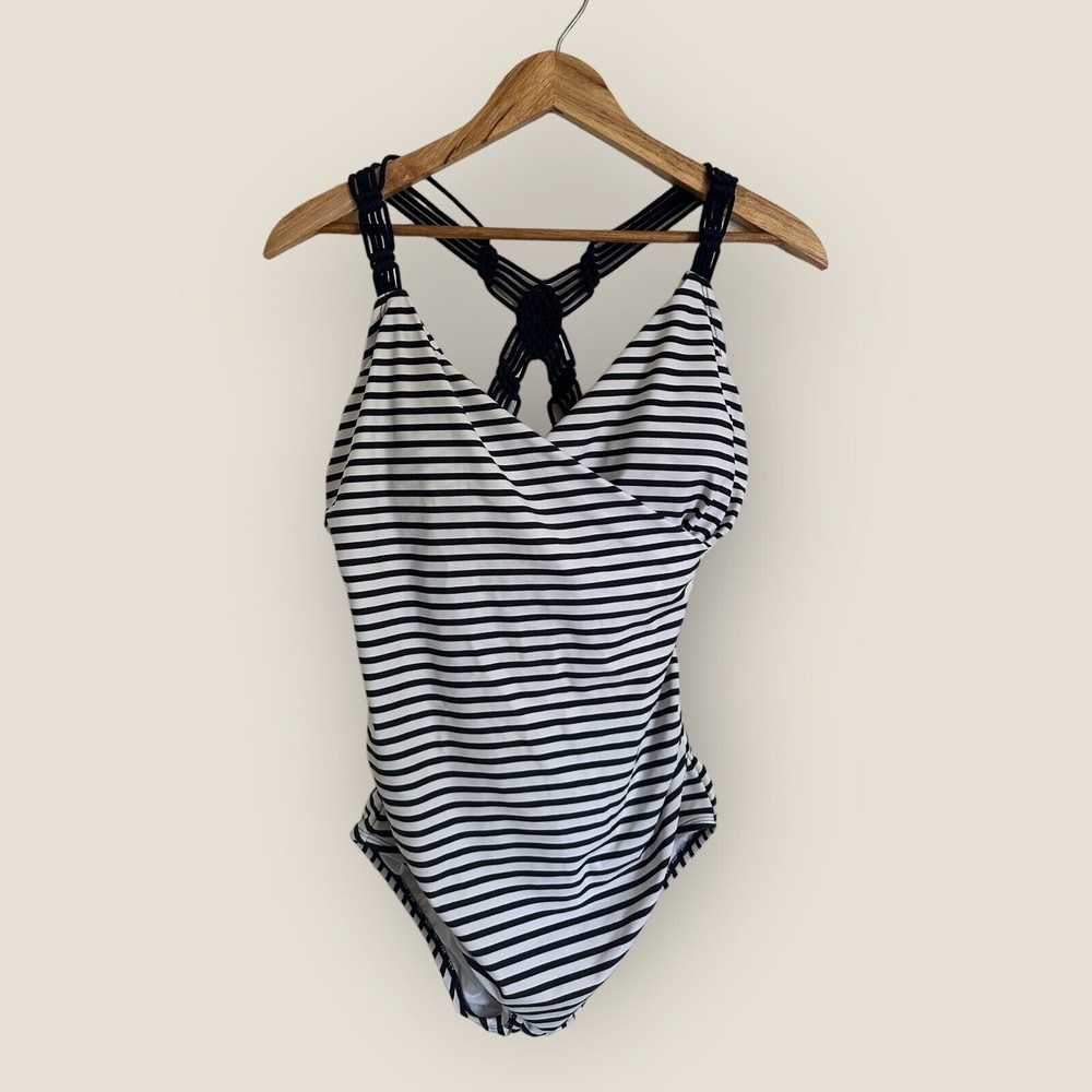 Kona Sol Shirred Macrame Strap Navy Blue White Striped One-Piece Swimsuit (L)